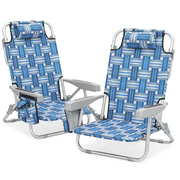 Magshion Folding Beach Chairs Set of 2 with Side Pocket, Portable Camping Seats with Cooling Pocket, for Outdoor Patio Lawn, Blue Stripes